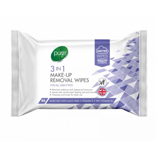 Pure Cleansing Facial Wipes 25's 3 in 1 Make-Up Removal 