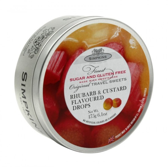 Simpkins Travel Sweets 175g Rhubarb & Custard Flavoured Drops SUGAR FREE