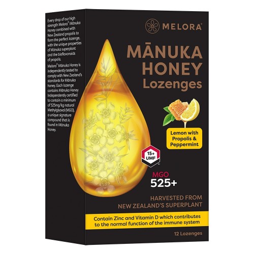 **Melora Manuka Honey Lozenges 525+MGO (UMF 15) 12's Lemon with Propolis & Peppermint