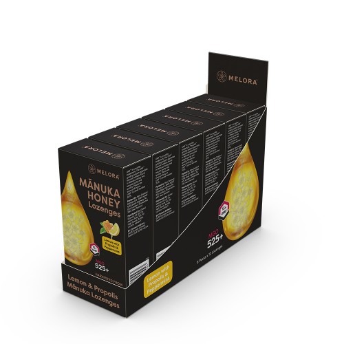 **Melora Manuka Honey Lozenges 525+MGO (UMF 15) 12's Lemon with Propolis & Peppermint