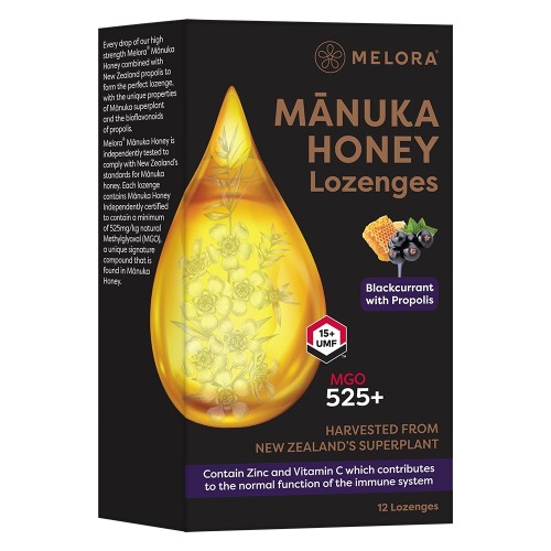 Melora Manuka Honey Lozenges 525+MGO (UMF 15) 12's Blackcurrant with Propolis
