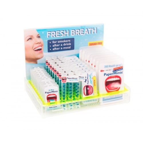 PaperMints Kit - 4 Products Plexi Display, 1x32 Cool Caps 18's, 1 x24 Strips 24's, 1 x10 Mouthspray 200's & 1 x12 Cool Caps Tins 40's
