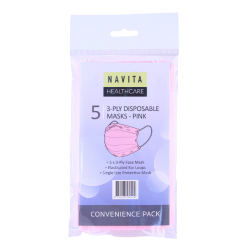 Navita Healthcare 3ply Disposable Masks 5pk Pink (D)
