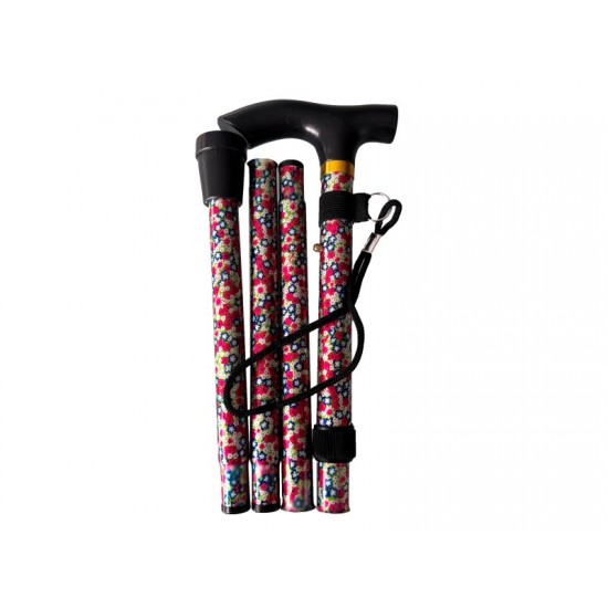 Folding Walking Stick Red Floral (MS23349)